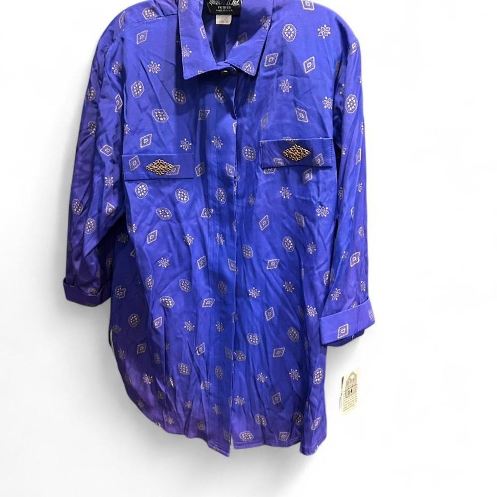 Womens retro deadstock‎ blue funky dress button up 3/4 sleeveblouse